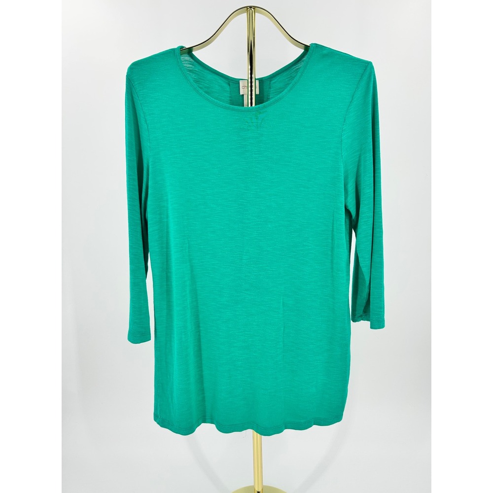 Chicos Green Slub Knit 3/4 Sleeve Lace Up Back Top Size 1 Medium